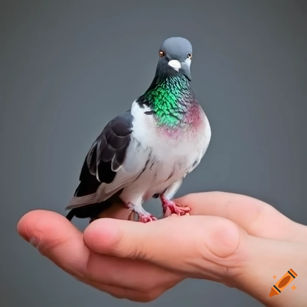 Pigeon wearing a black baseball cap perched on a hand
