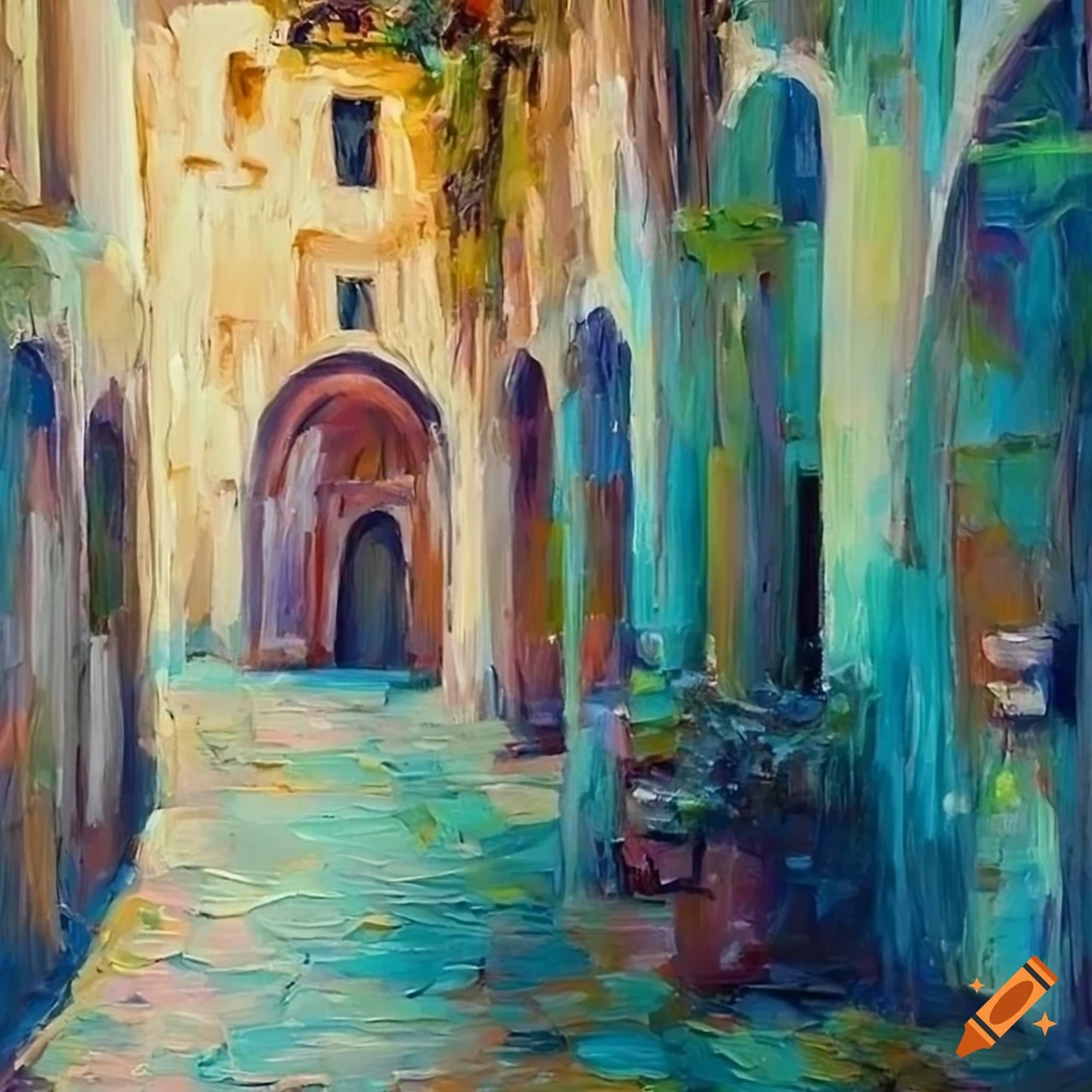 Impressionist oil painting of a woman in a medieval alley with a palm tree in the background