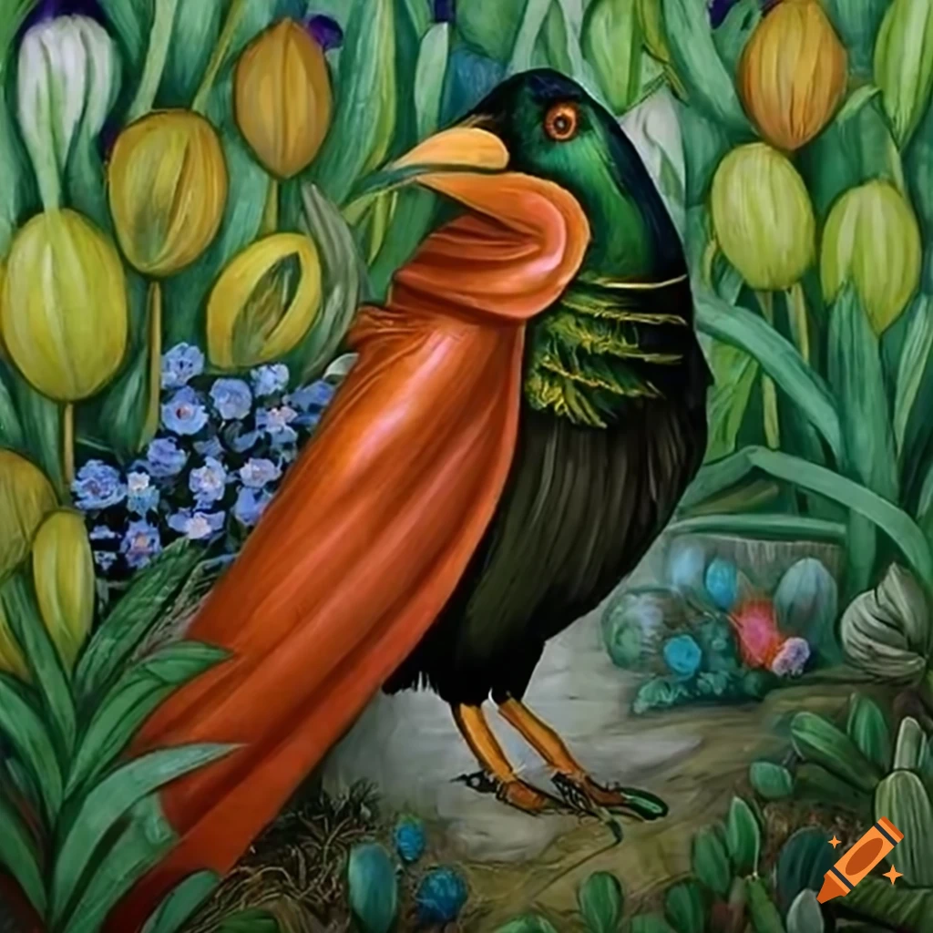 Raven in a hooded cloak of colorful peacock feathers in a twilight forest garden