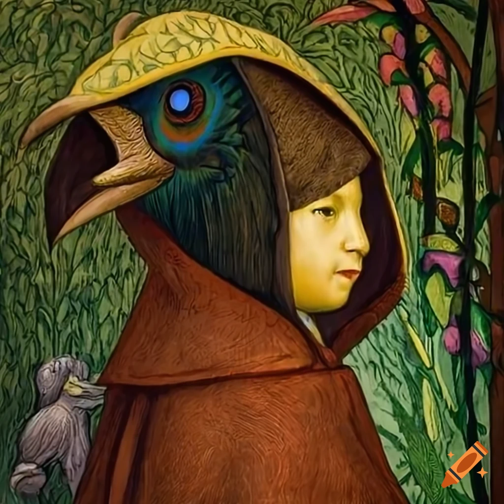 Raven in a colorful iridescent Peacock feather cloak in a twilight forest garden