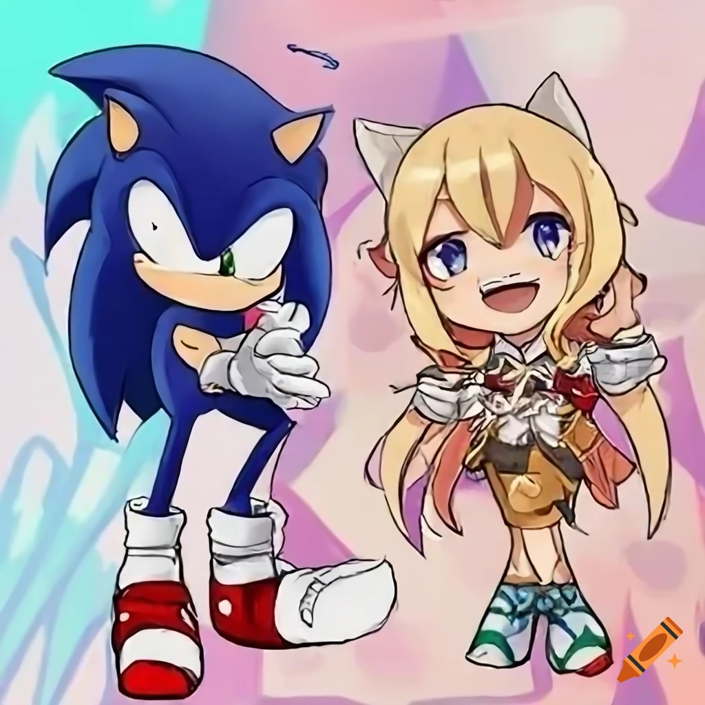 Vibrant fusion art of Genshin Impact and Sonic the Hedgehog characters