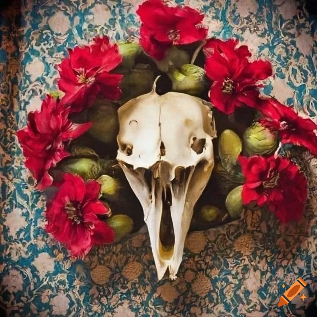 Artistic still life with baboon skull and red flowers on white tablecloth