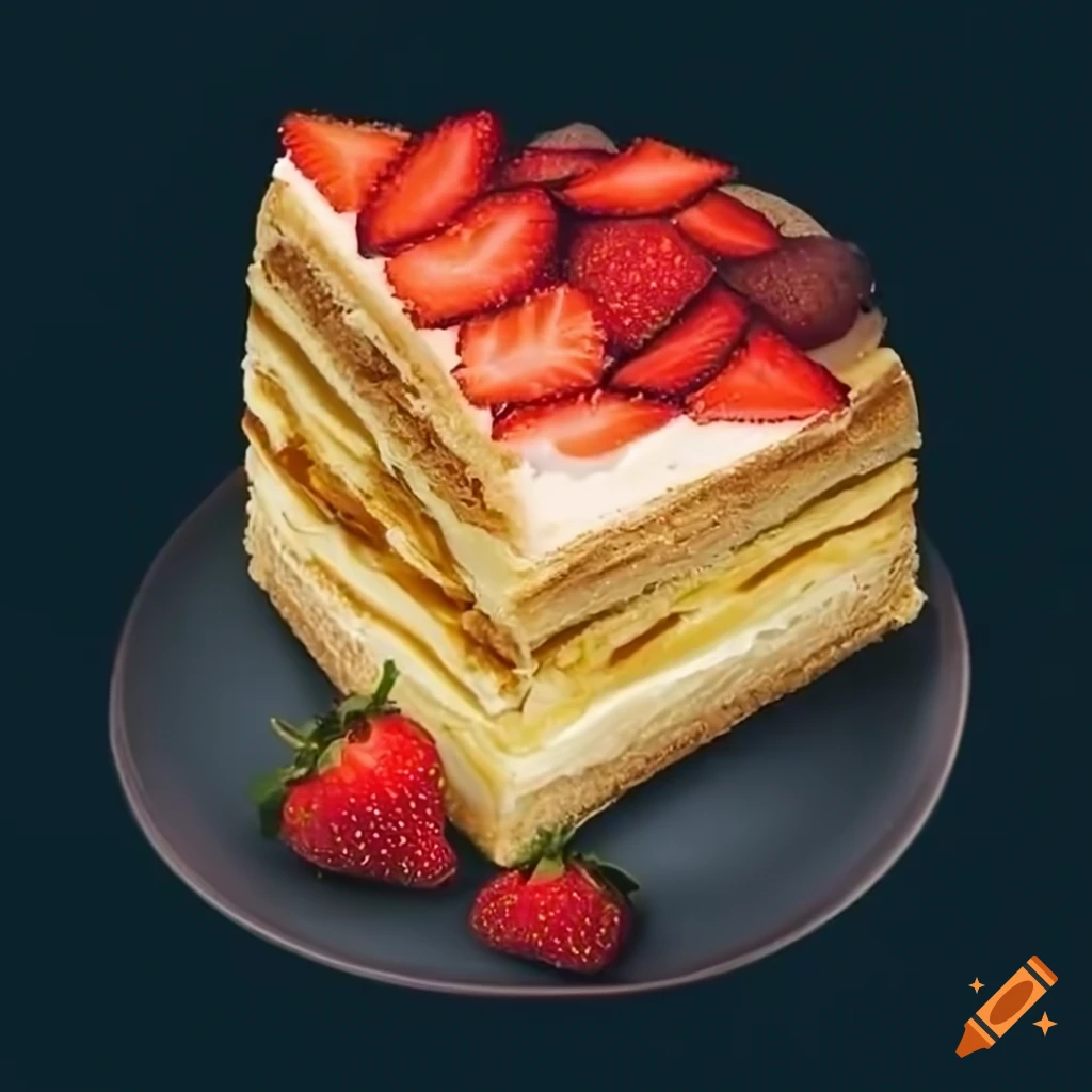 Multi-layer Napoleon cake with fresh strawberries on top