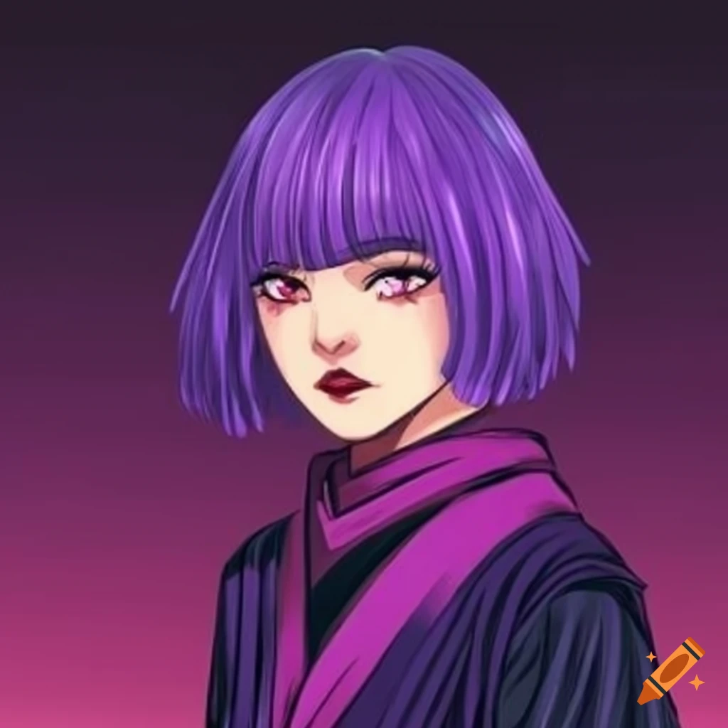 Female mage in dark robe with purple bob haircut