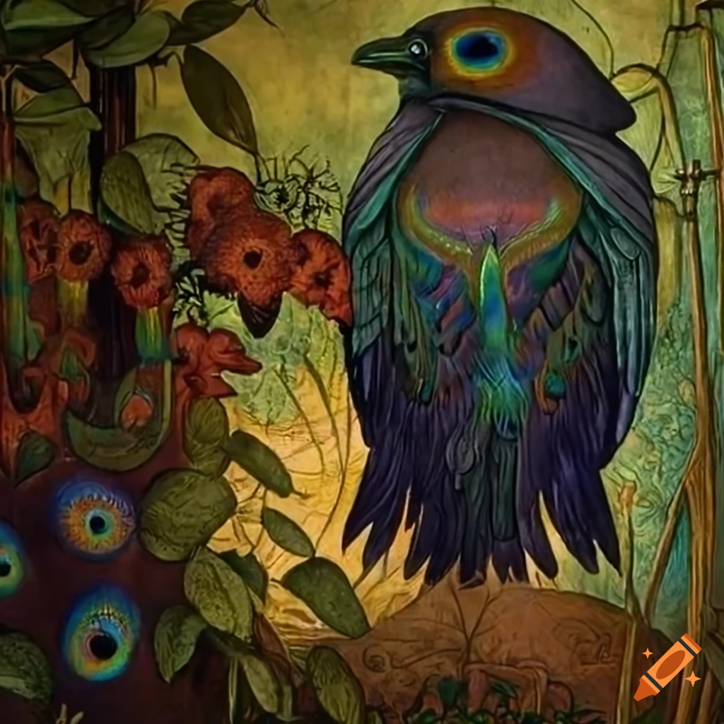 Raven in a colorful iridescent Peacock feather cloak in a twilight forest garden