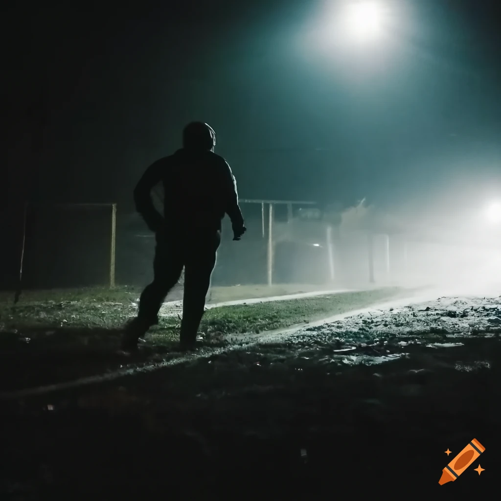 Abandoned parking lot at night with sinister atmosphere and illuminated human shadow
