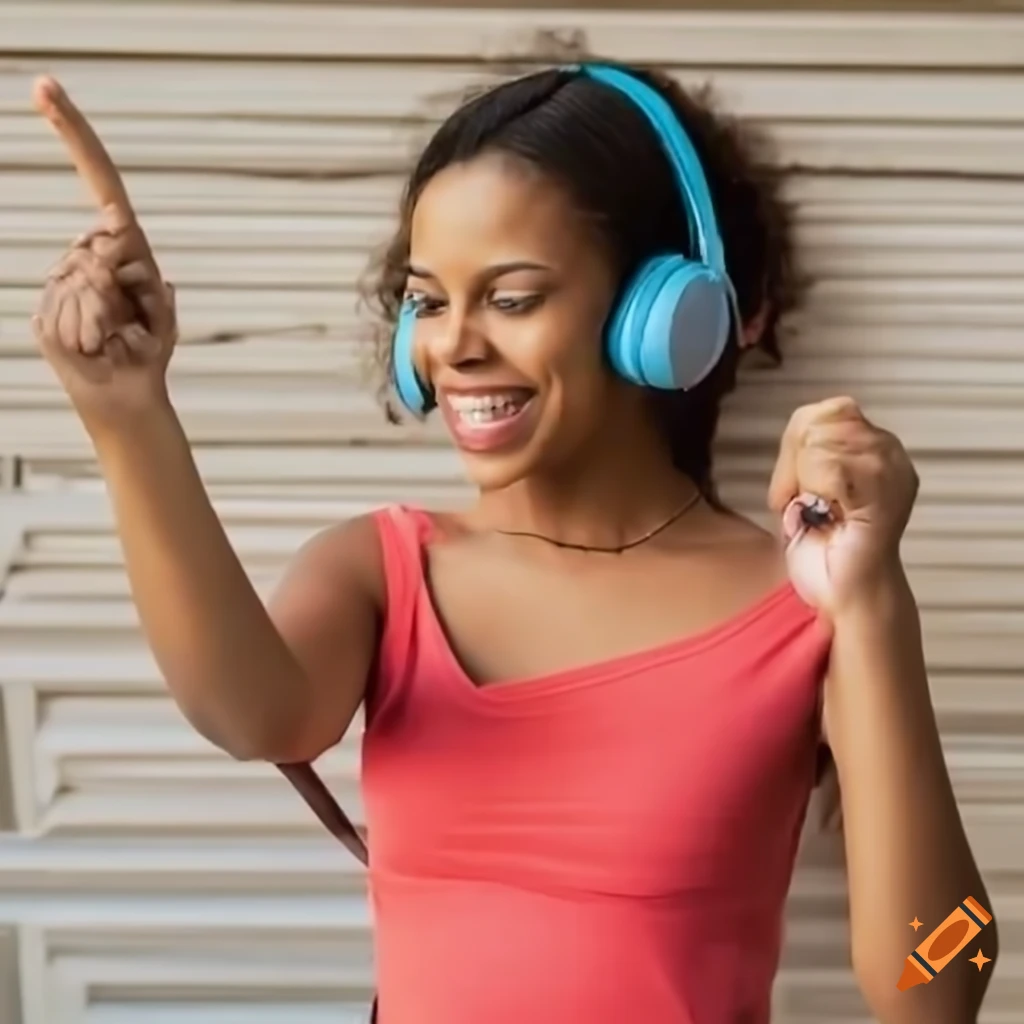 Happy Cuban girl using headphones