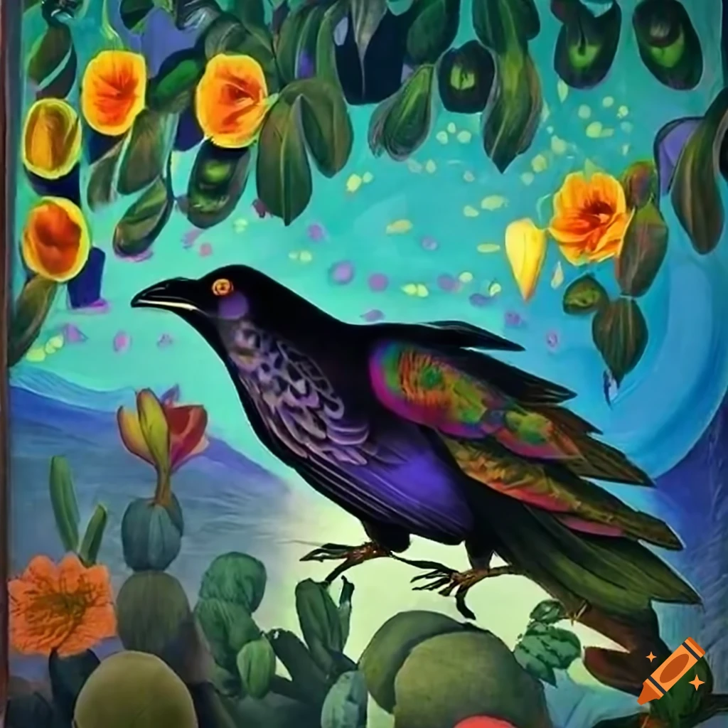 Raven wearing a hooded cloak of colorful peacock feathers with a silver brooch