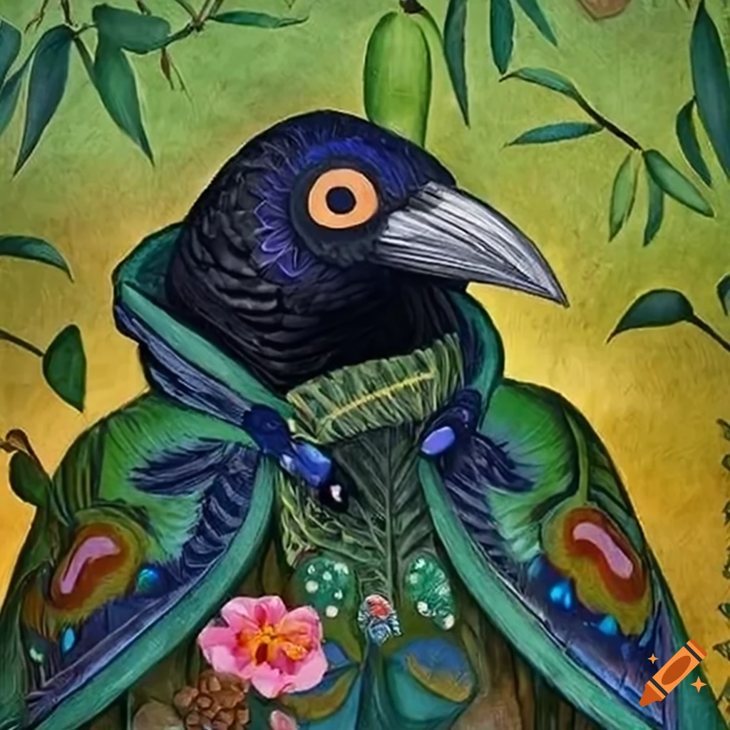 Raven in a hooded cloak of colorful peacock feathers in a twilight forest garden