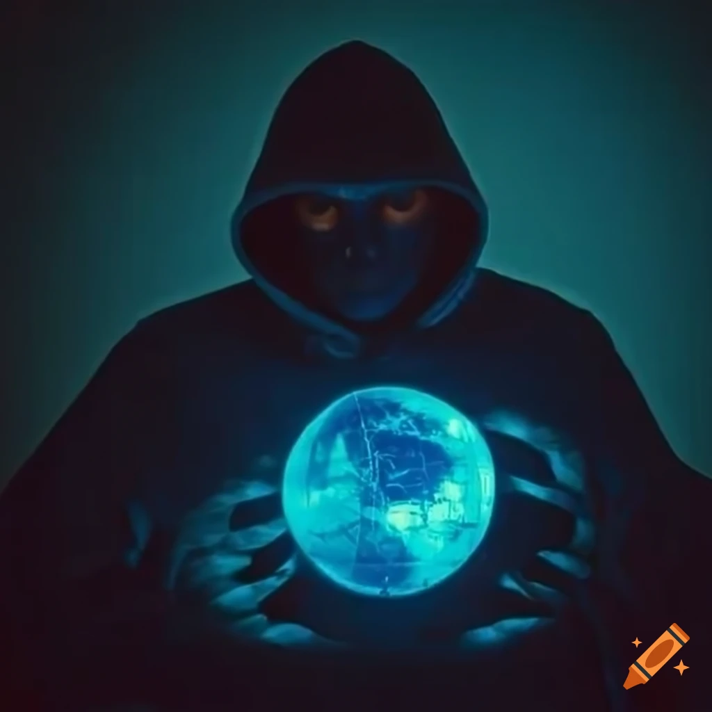 Mysterious figure in hoodie with glowing globe surrounded by technology