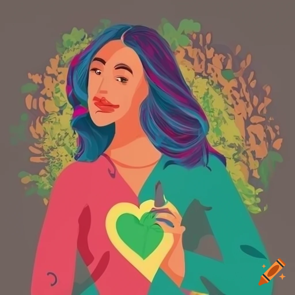 Colorful digital art of a woman with a green heart in a meeting