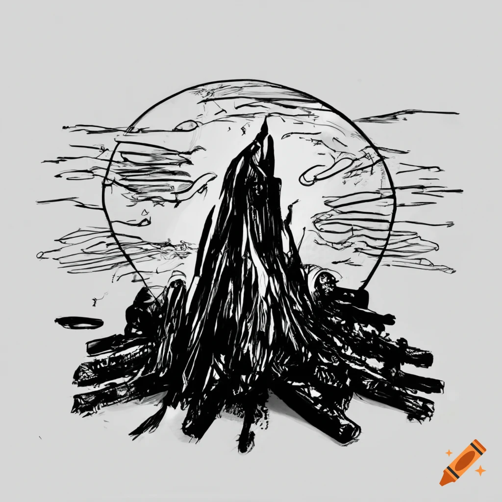 Sketch drawing of a bonfire with two silhouetted people against the sunrise