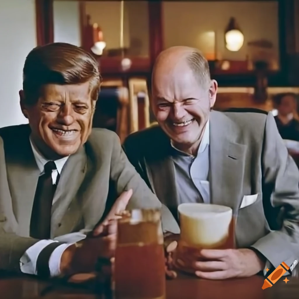John F. Kennedy and Olaf Scholz sitting together in a pub
