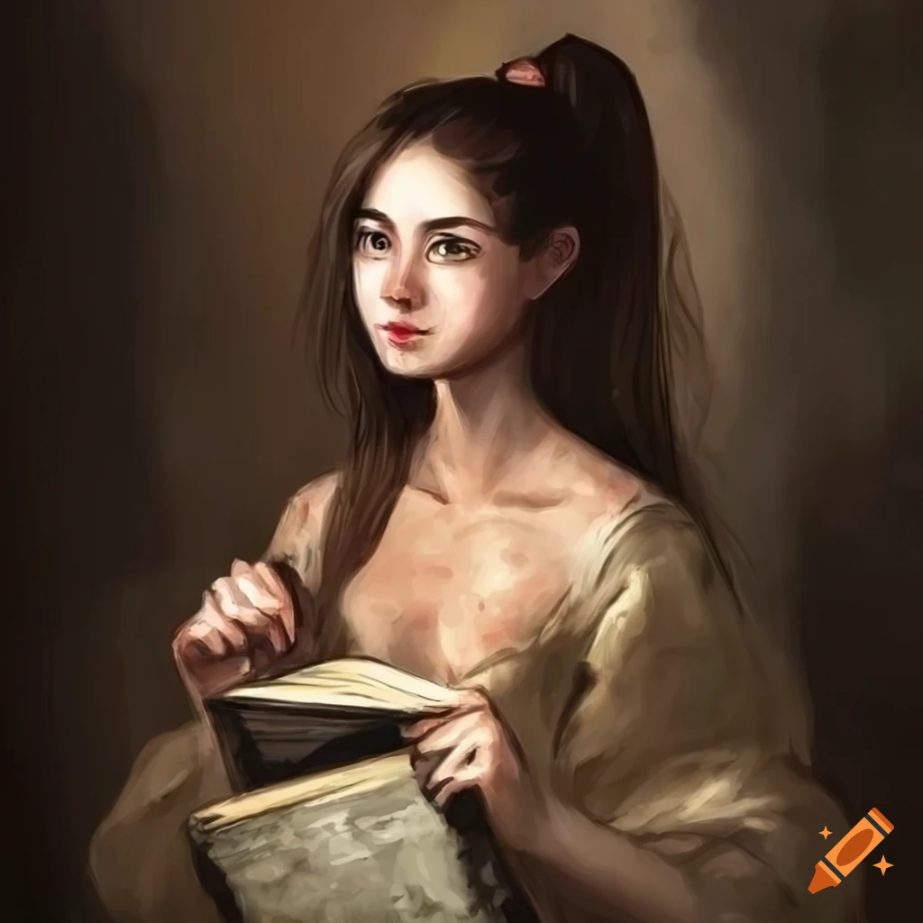 Painted illustration of a young woman with a book in a cozy bookstore