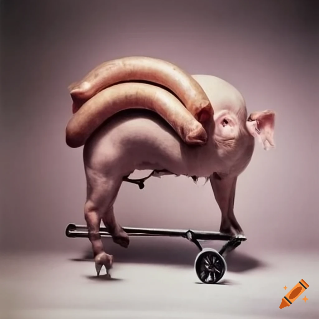 Dreamy surreal 1970 photo of a pig pulling a cart full of sausages