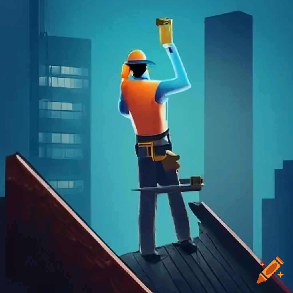 Confused construction worker looking at skyscraper blueprint