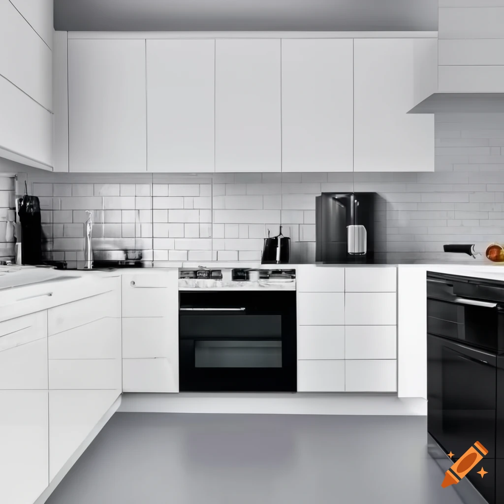 Modern white kitchen with black appliances and grey floorboards on Craiyon