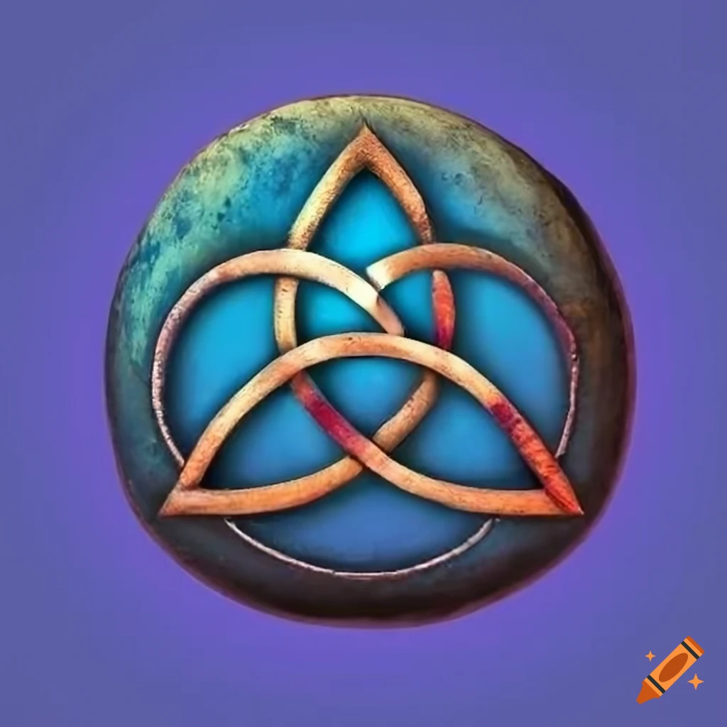 Round stone with a prominent triquetra carving on a blue background