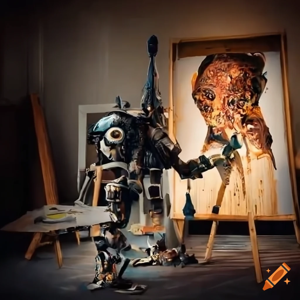 Artist transforming into a robot while painting a canvas in a studio
