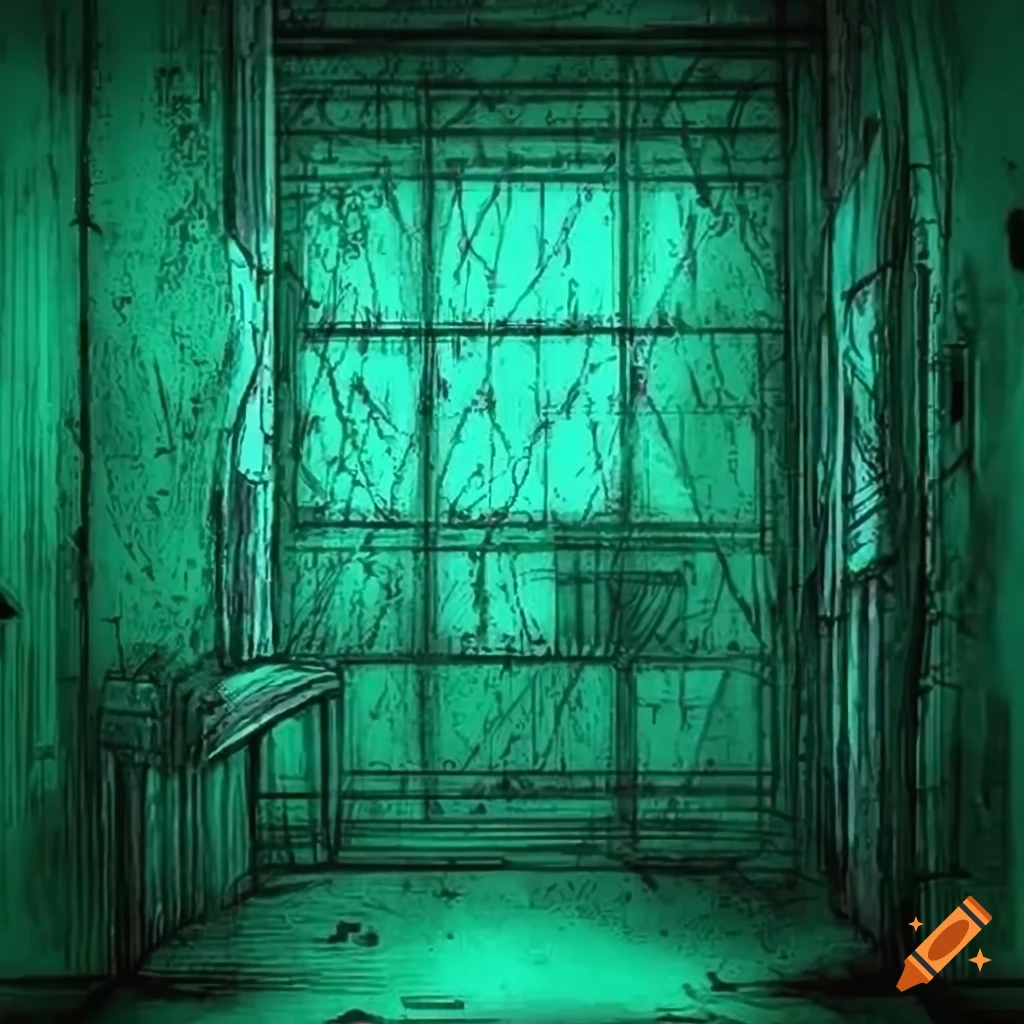 Sci-fi metal prison cell in a rough sketch art style with green screen background