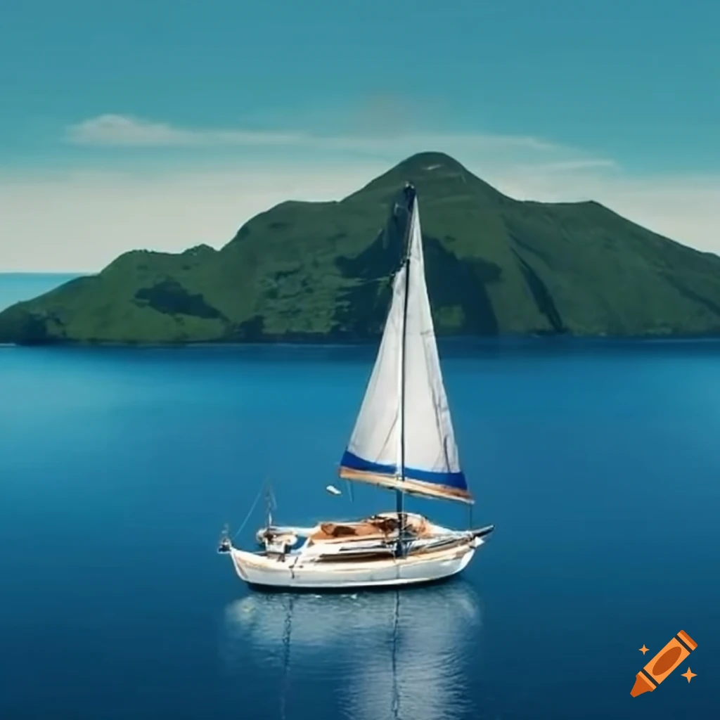 Sailboat sailing around an island