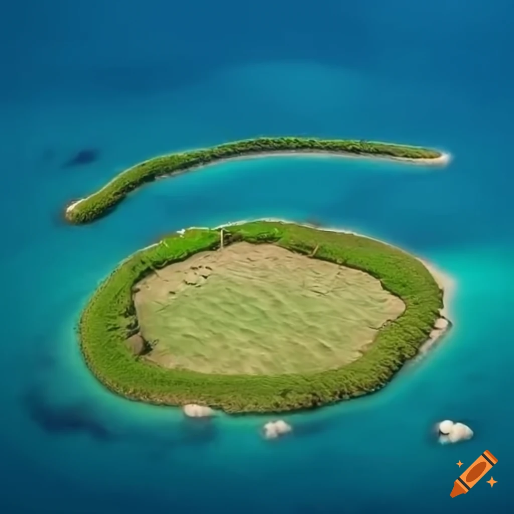 Circular island with rings of smaller flat grass-covered islands