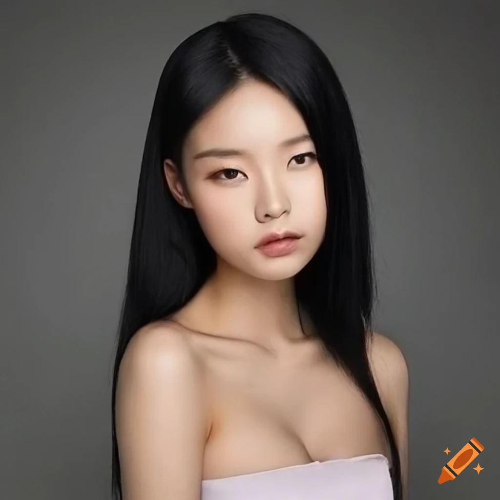 Asian woman with black hair, doe brown eyes, and a strong jawline