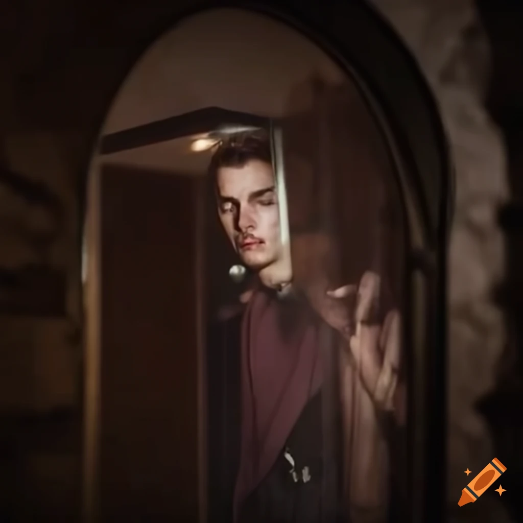 Man looking at himself in a mirror in a castle