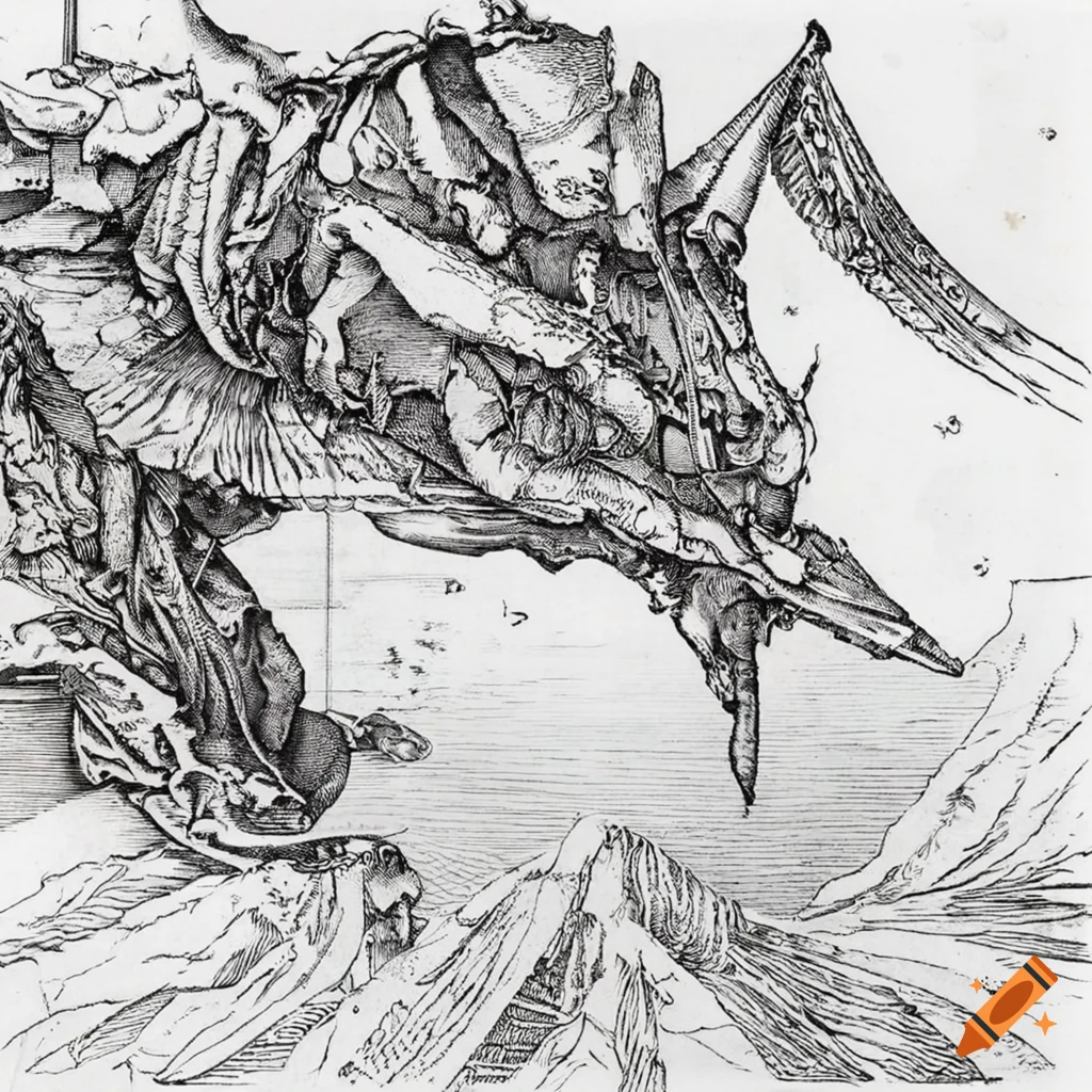 Flying character in the style of Durer's etchings