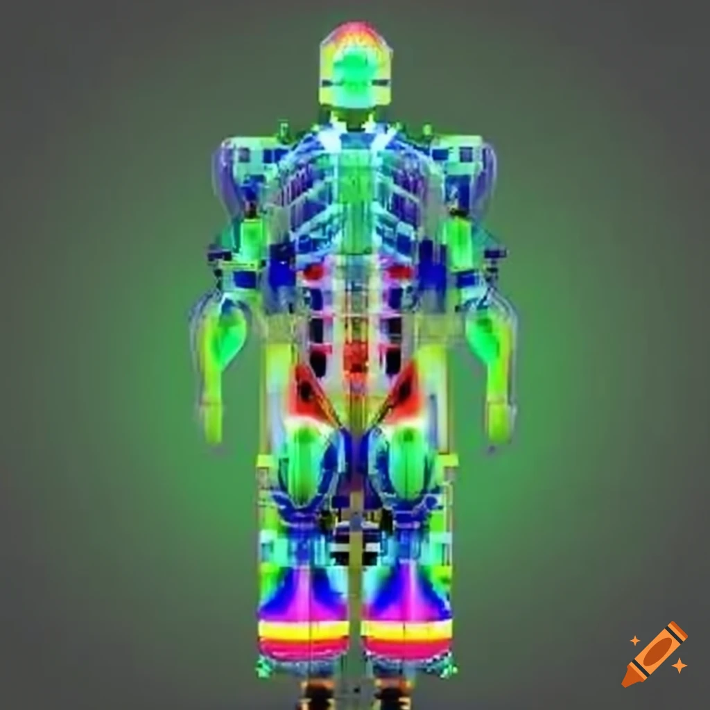 Muscular man approaching AI network core node surrounded by strange shapes and ghosts