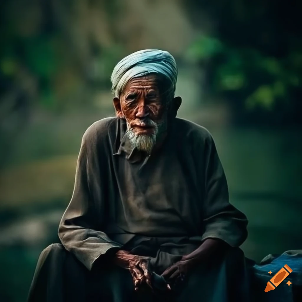 Malay old man sitting by the river in an old village with mountain views