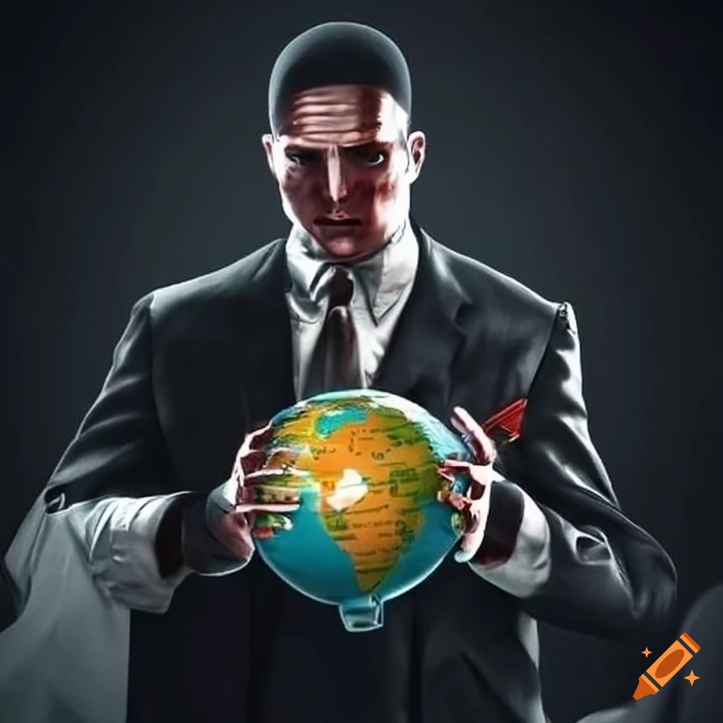 Powerful mafia boss holding a globe in his hand