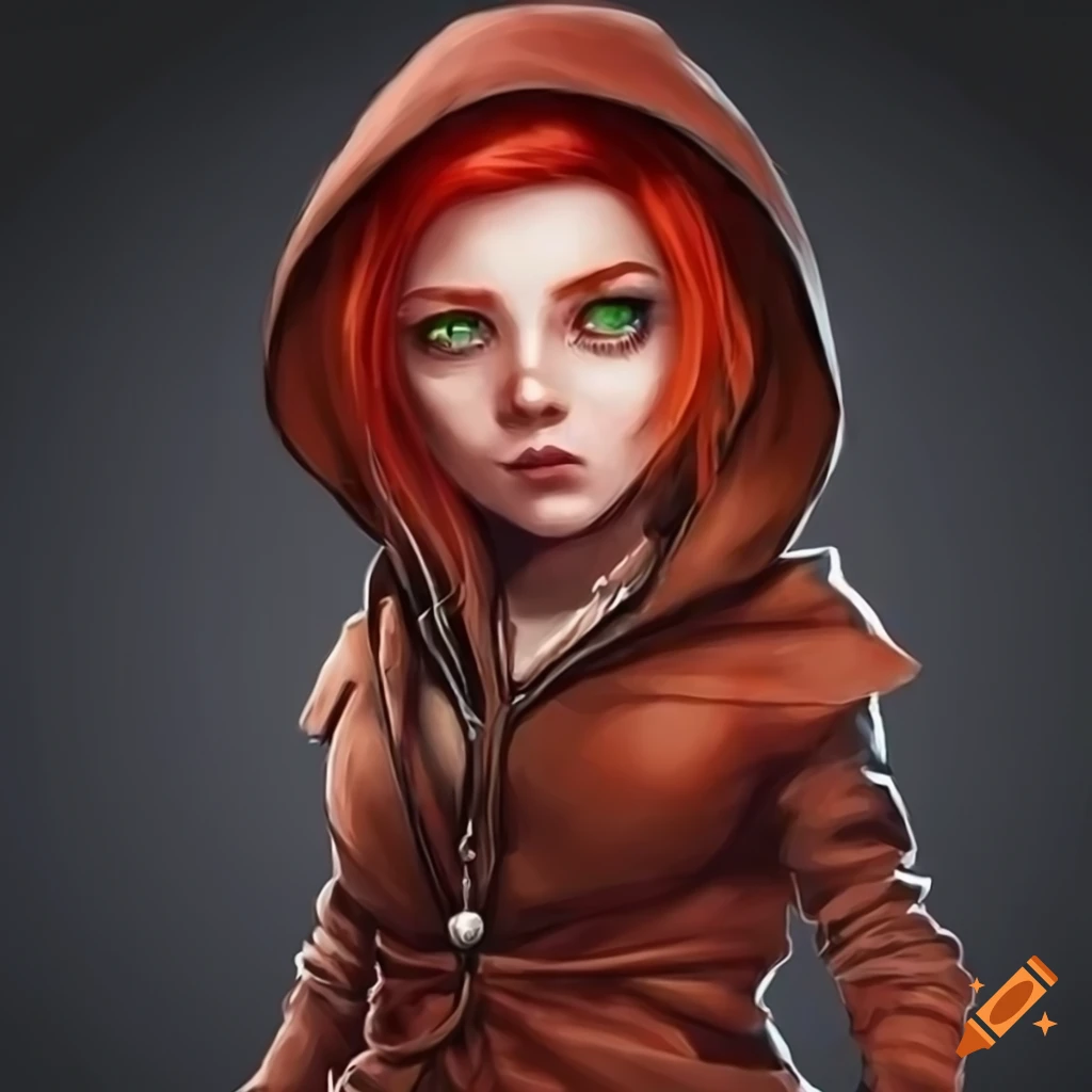 Black hood gnome female with green eyes and red hair