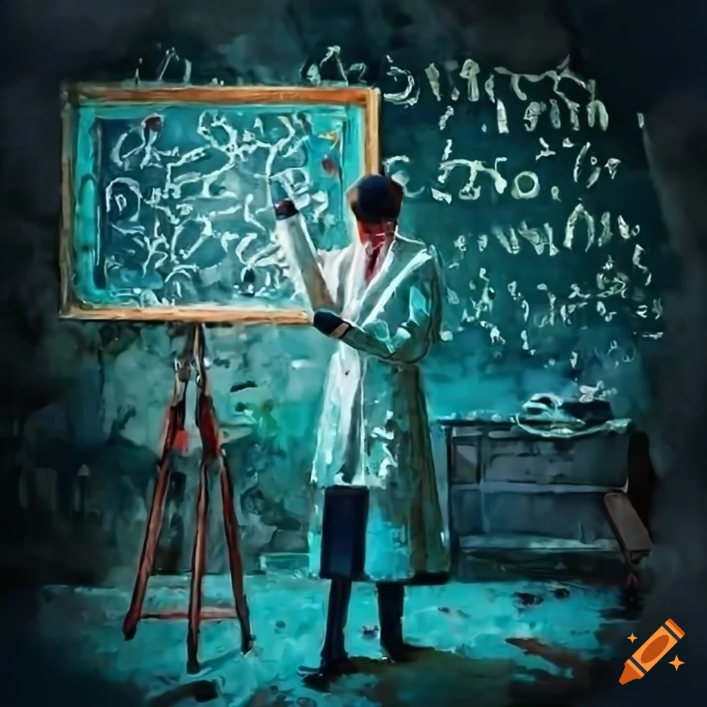 Focused scientist in laboratory with equations and diagrams on chalkboard