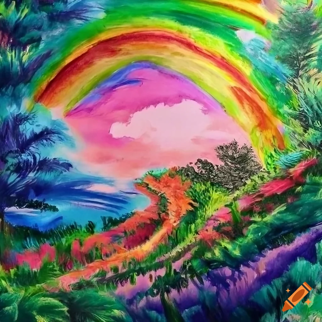 Rainbow-colored sky and rainforest in sci-fi realism rough sketch art