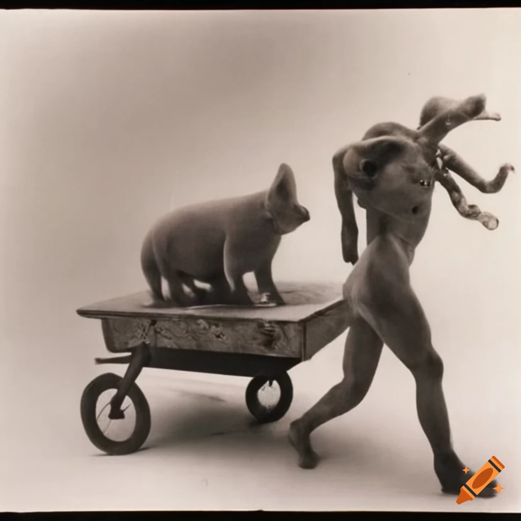 Surreal image of a pig pulling a cart full of sausages in hans bellmer style