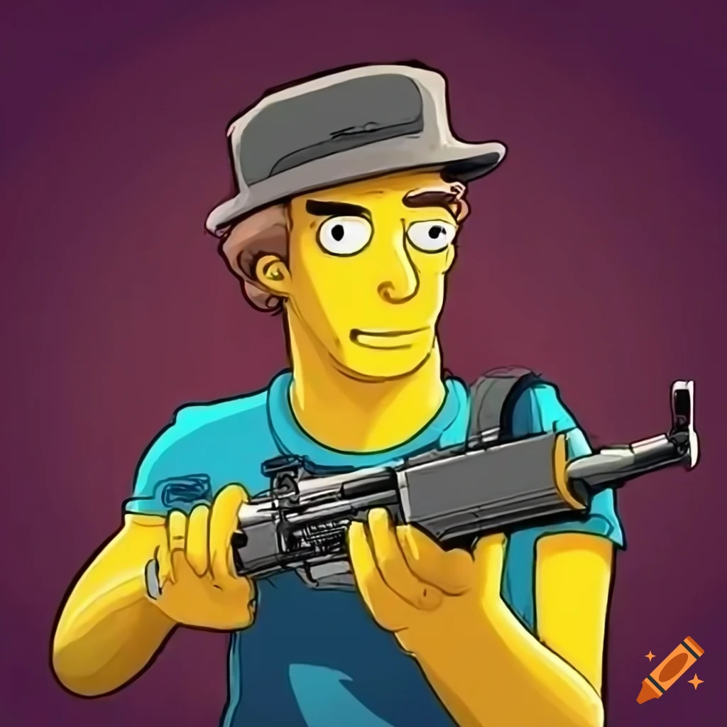 Young guy holding a gun in Simpsons style