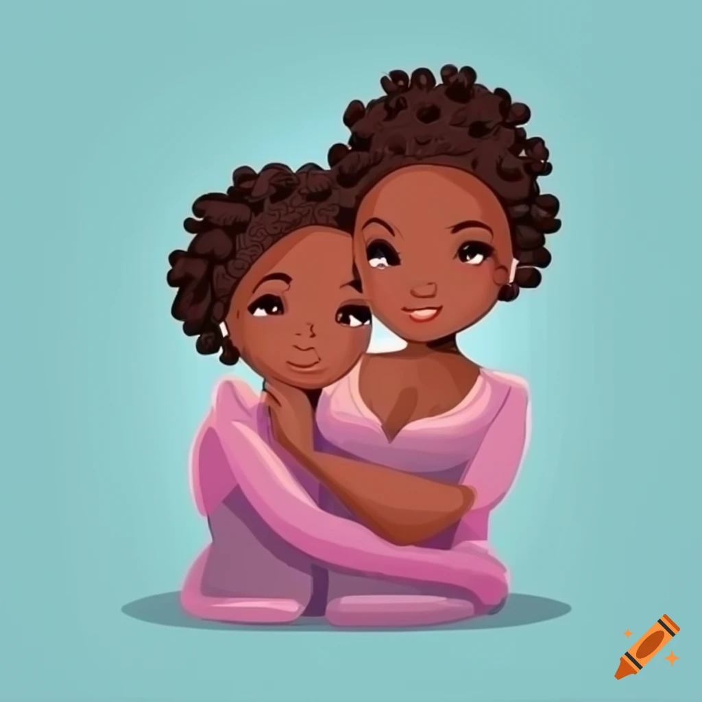 Cartoon of a black girl with her loving mother