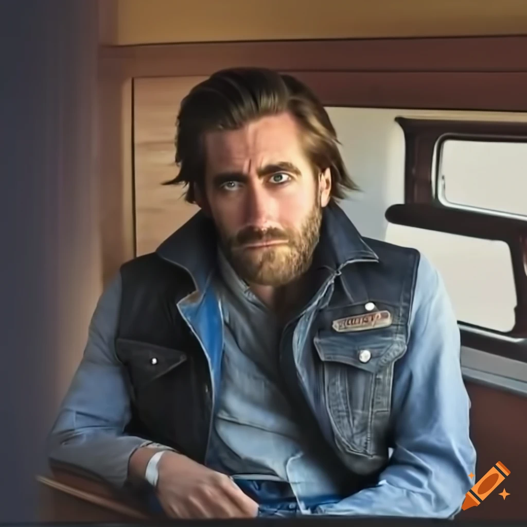 Jake Gyllenhaal lookalike in outlaw biker style sitting in a caravan trailer