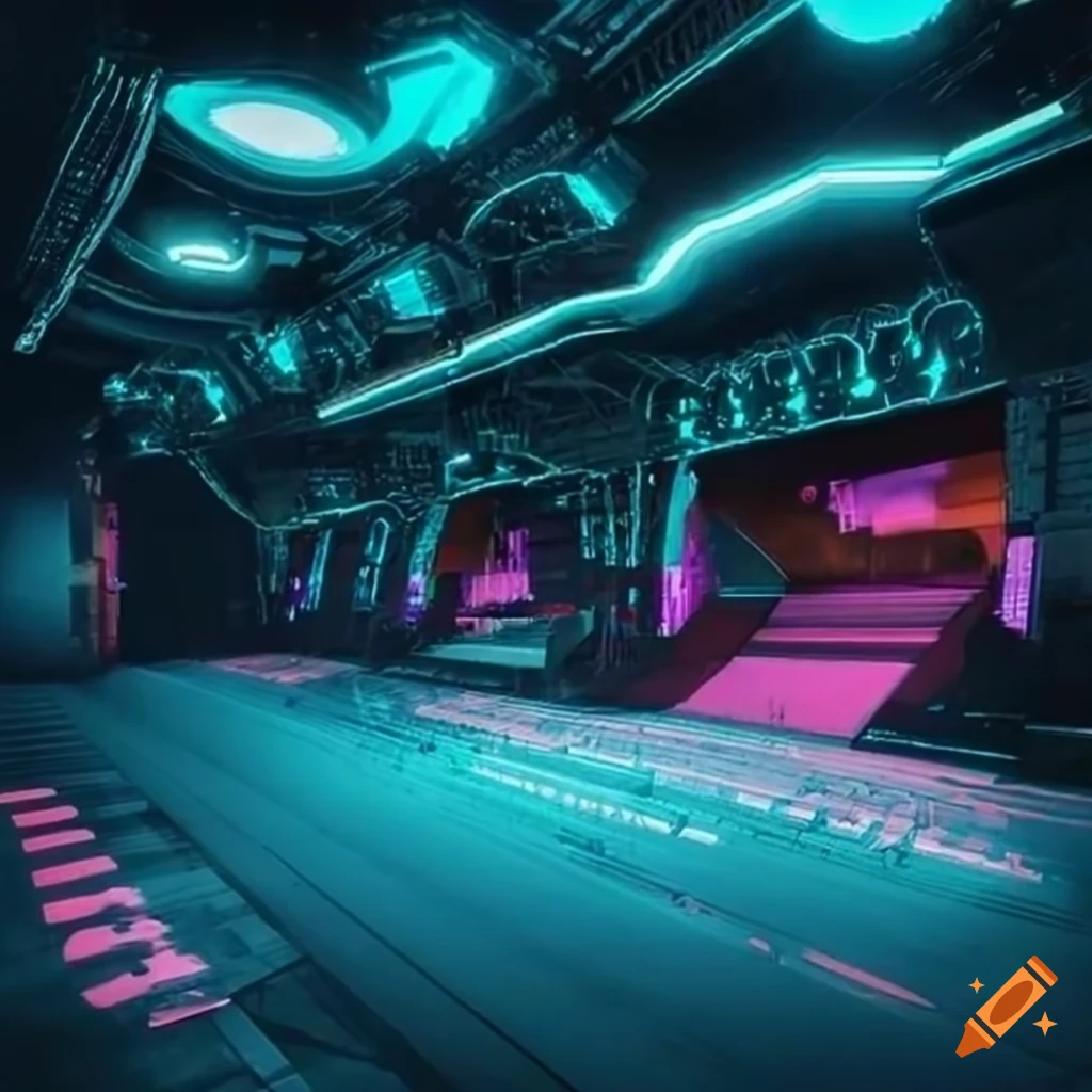 Cyberpunk underground sports arena with modern lounge