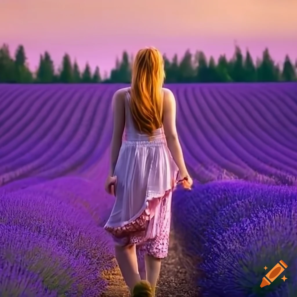 Female walking through a lavender field