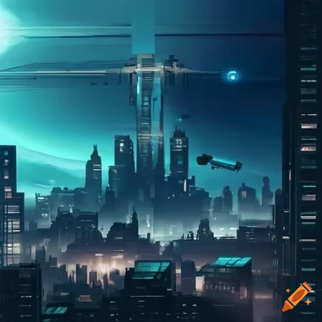 Futuristic cityscape with a single mech in the background