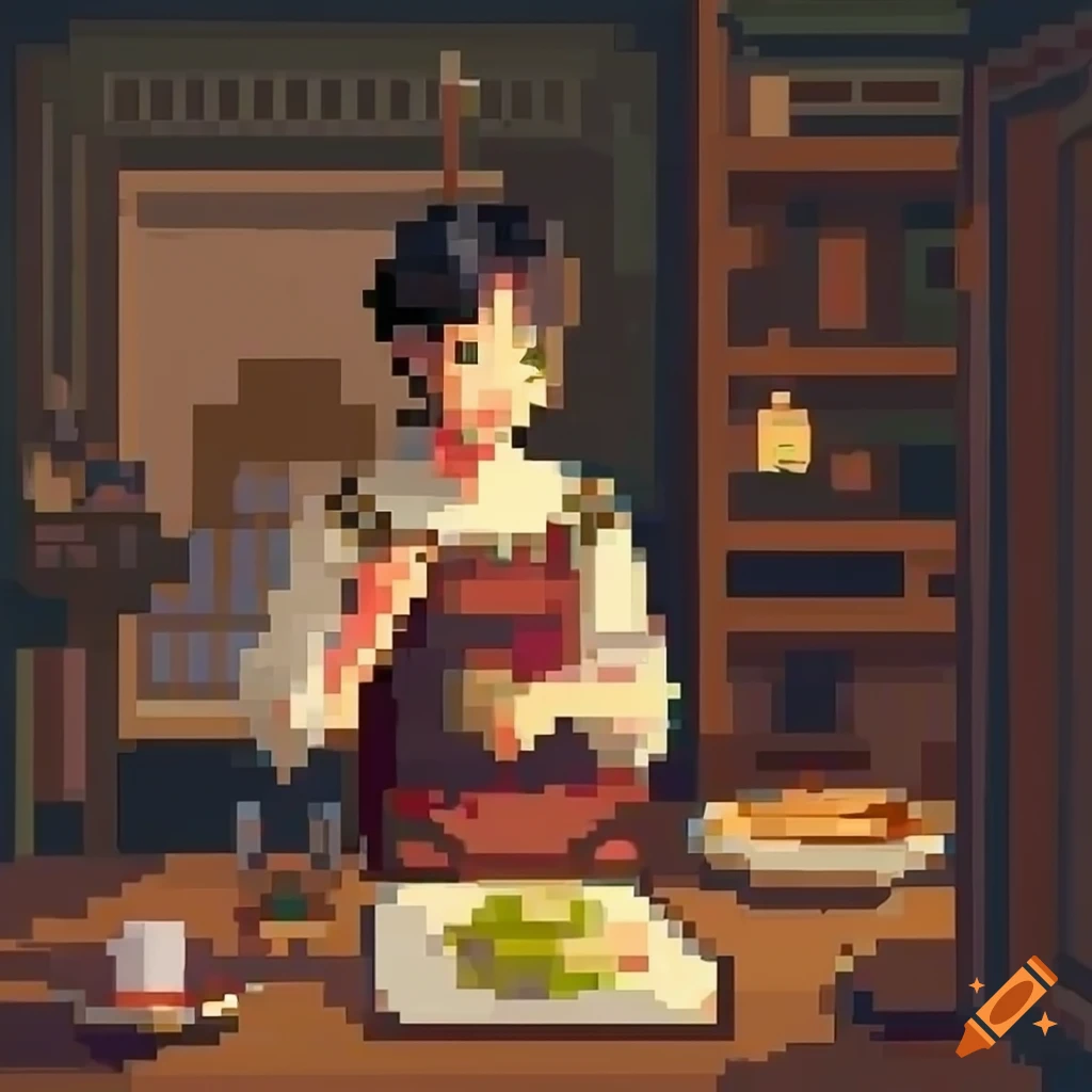 Korean idol making a sandwich in a Victorian kitchen in pixel art