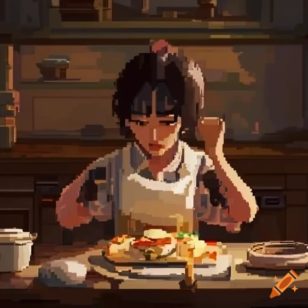 Korean idol making a sandwich in a Victorian kitchen in pixel art style