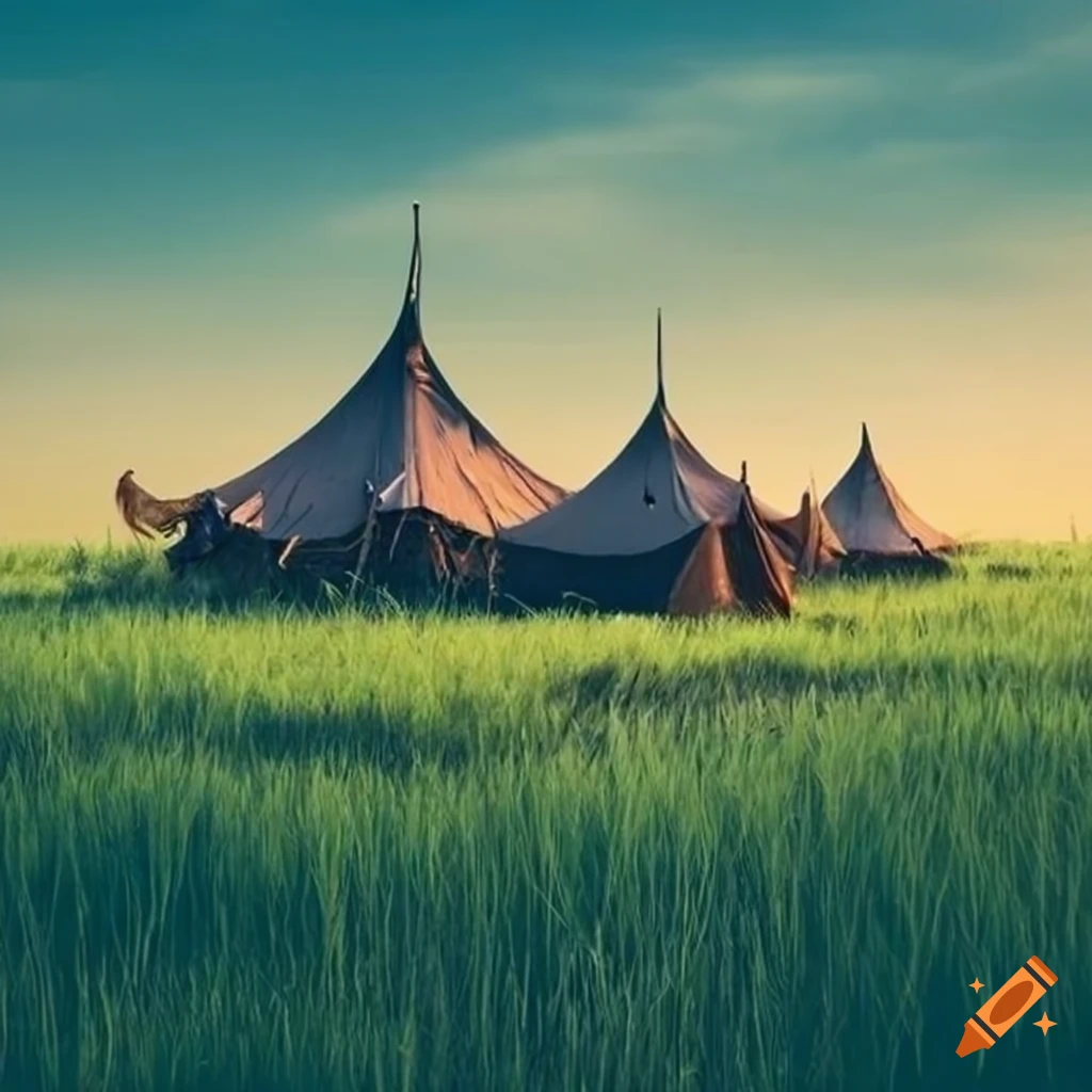 Large grassy plain with a nomadic camp in a fantasy setting
