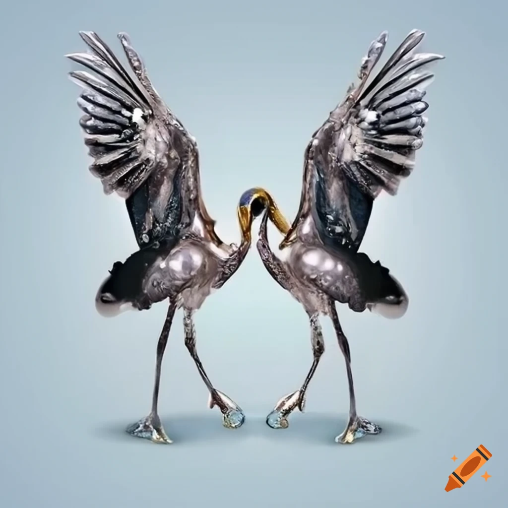 Two storks of silver color with rhinestones, diamonds, and pearls in a realistic image
