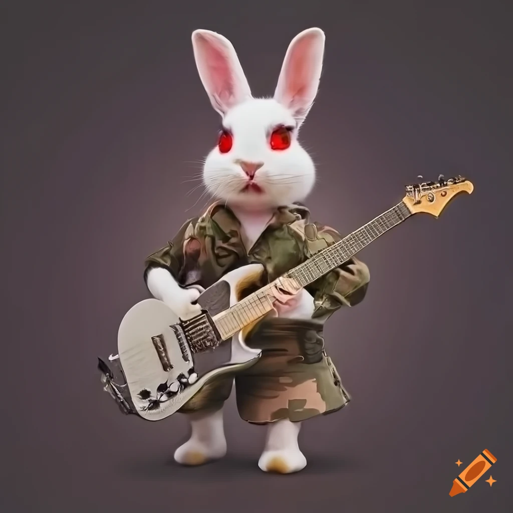 White rabbit in military attire playing an electric guitar on Craiyon
