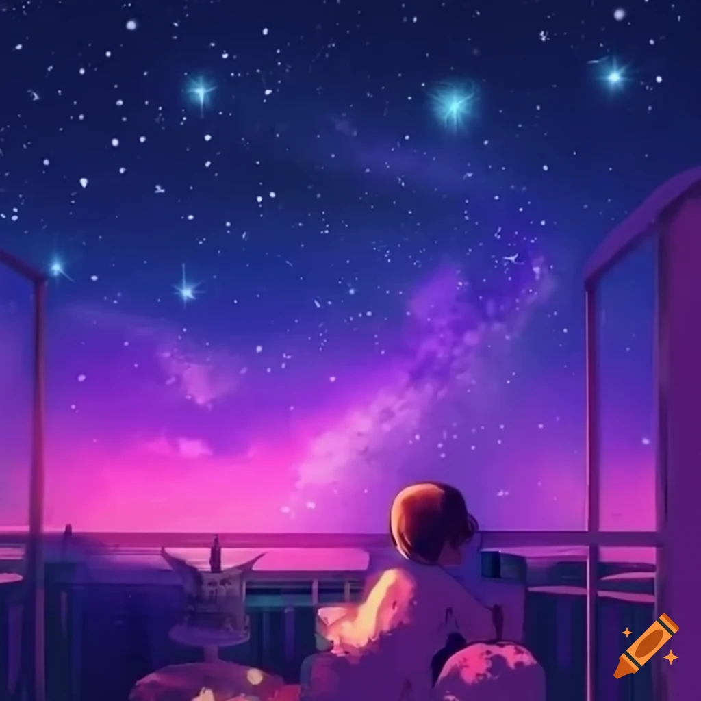 Cozy balcony under a starry night sky with lofi music vibes