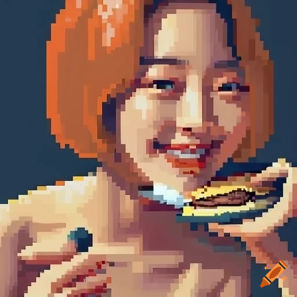 Pixel art promotional ad poster of a smiling actress preparing hamburger with orange bob hairstyle