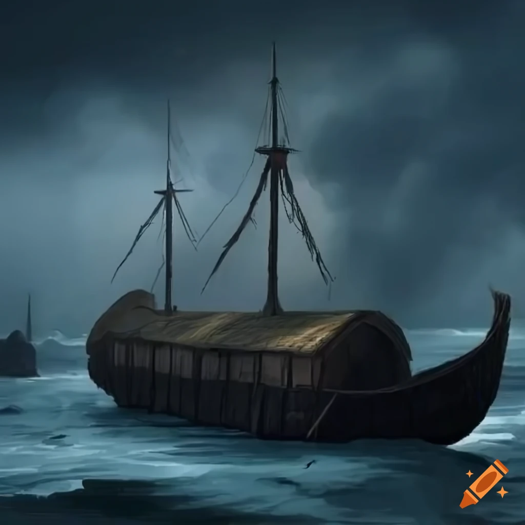 Thatched barge on stormy sea with dark clouds in mist